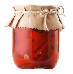 Photo of Tasty pickled peppers in jar isolated on white