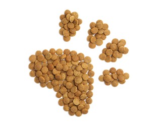 Photo of Paw made of dry pet food isolated on white, top view