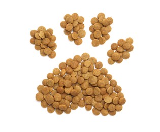 Photo of Paw made of dry pet food isolated on white, top view
