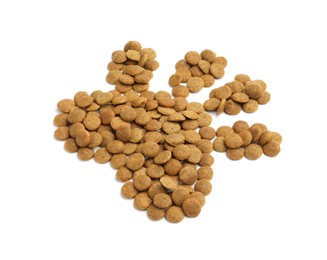 Photo of Paw made of dry pet food isolated on white