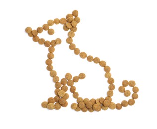 Photo of Cat made of dry pet food isolated on white, top view