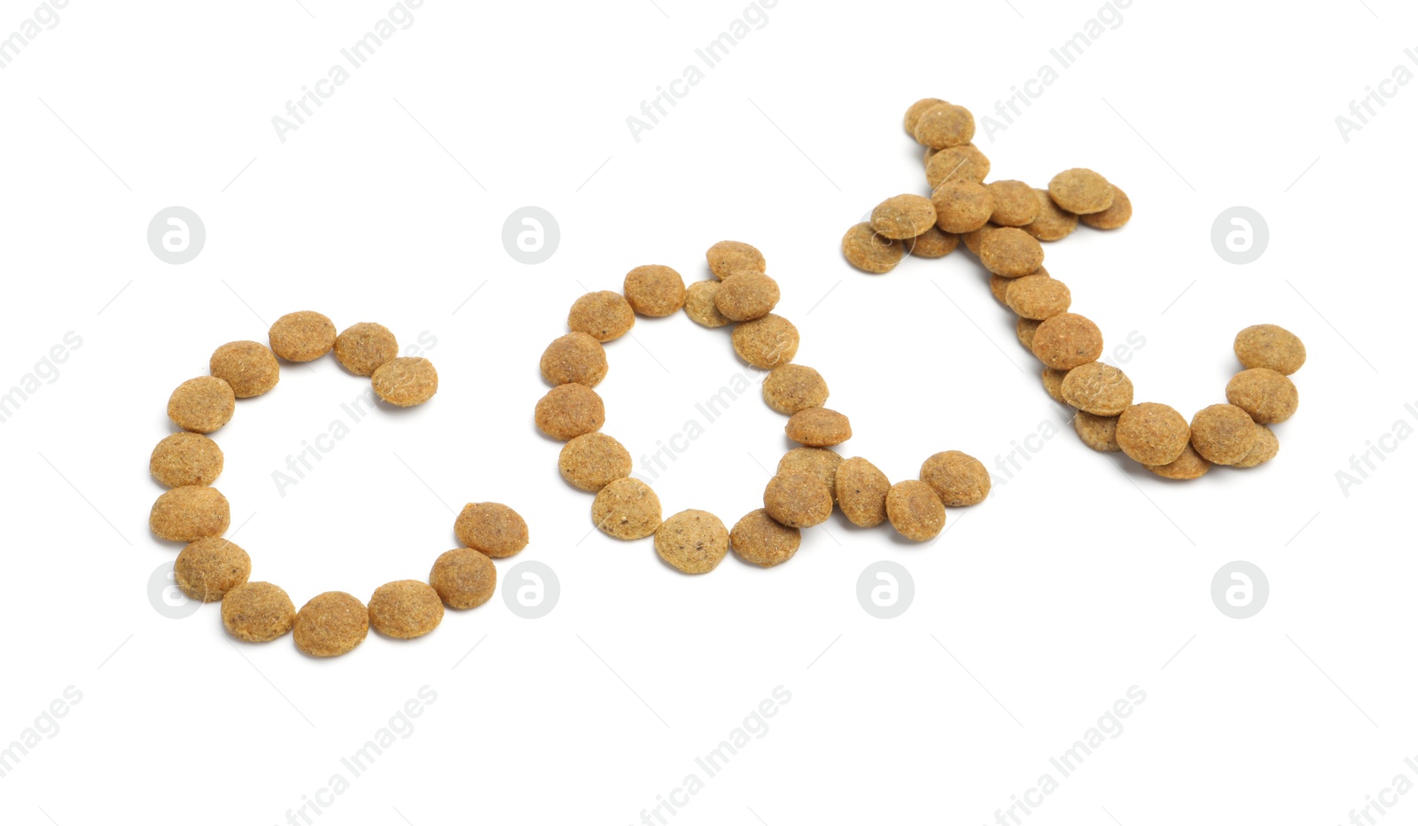 Word Cat made of dry pet food isolated on white Photo of Word Cat made of dry pet food isolated on white