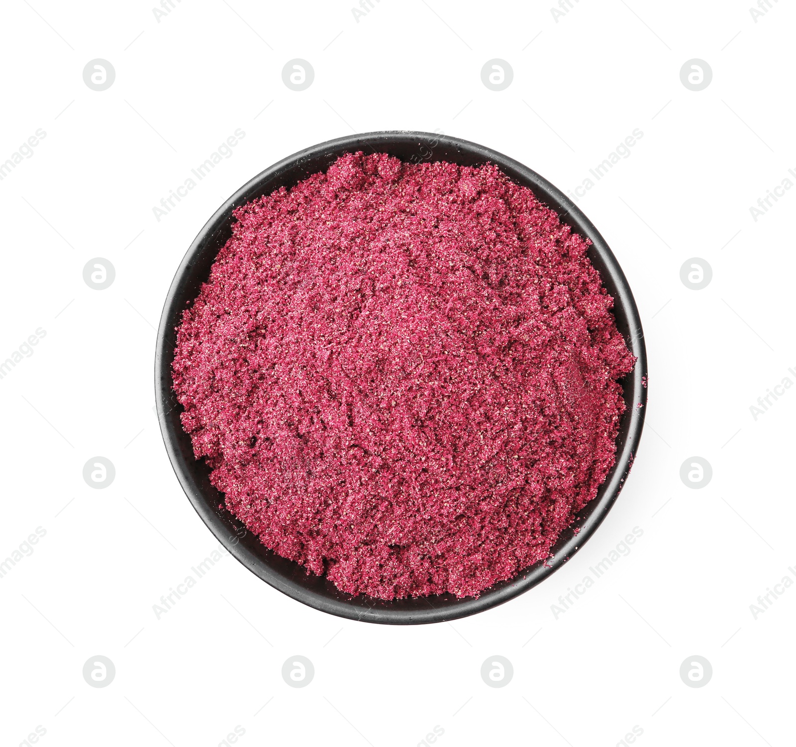 Superfood. Black currant powder in bowl isolated on white, top view Photo of Superfood. Black currant powder in bowl isolated on white, top view