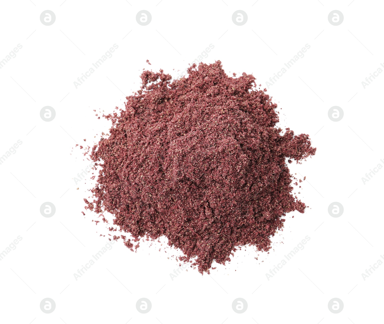 Superfood. Pile of black currant powder isolated on white, top view Photo of Superfood. Pile of black currant powder isolated on white, top view