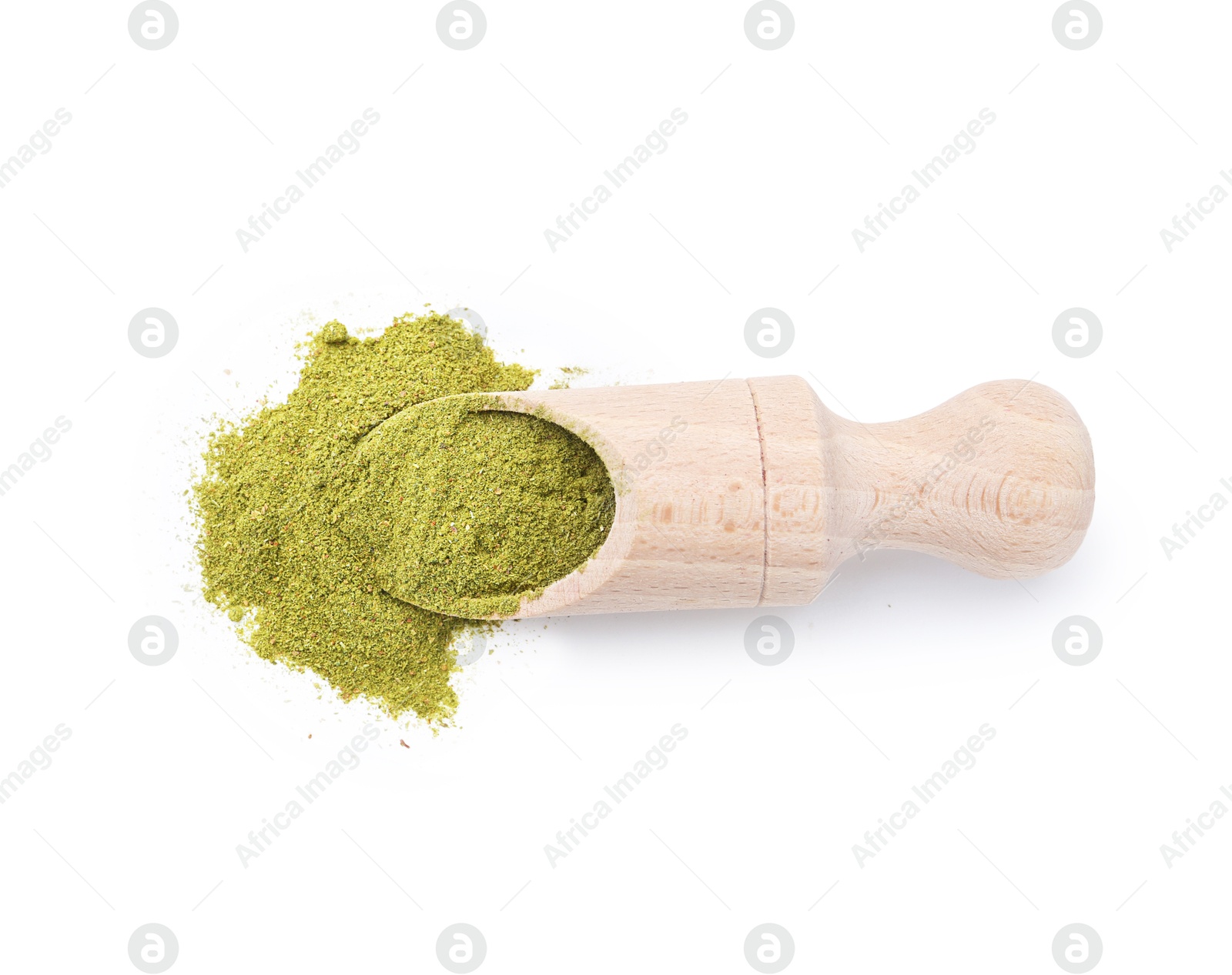 Superfood. Green onion powder and scoop isolated on white, top view Photo of Superfood. Green onion powder and scoop isolated on white, top view