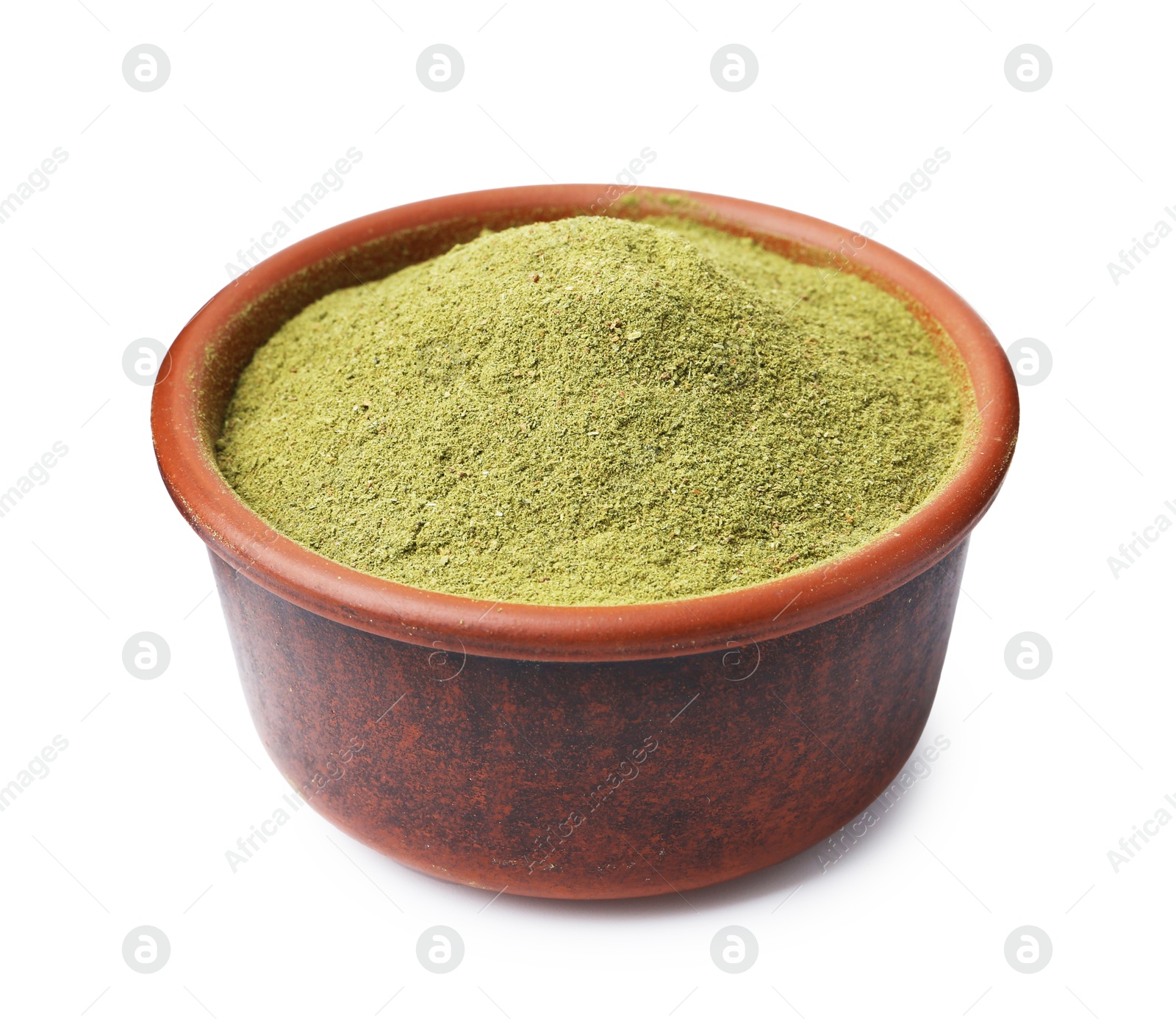 Superfood. Green onion powder in bowl isolated on white Photo of Superfood. Green onion powder in bowl isolated on white