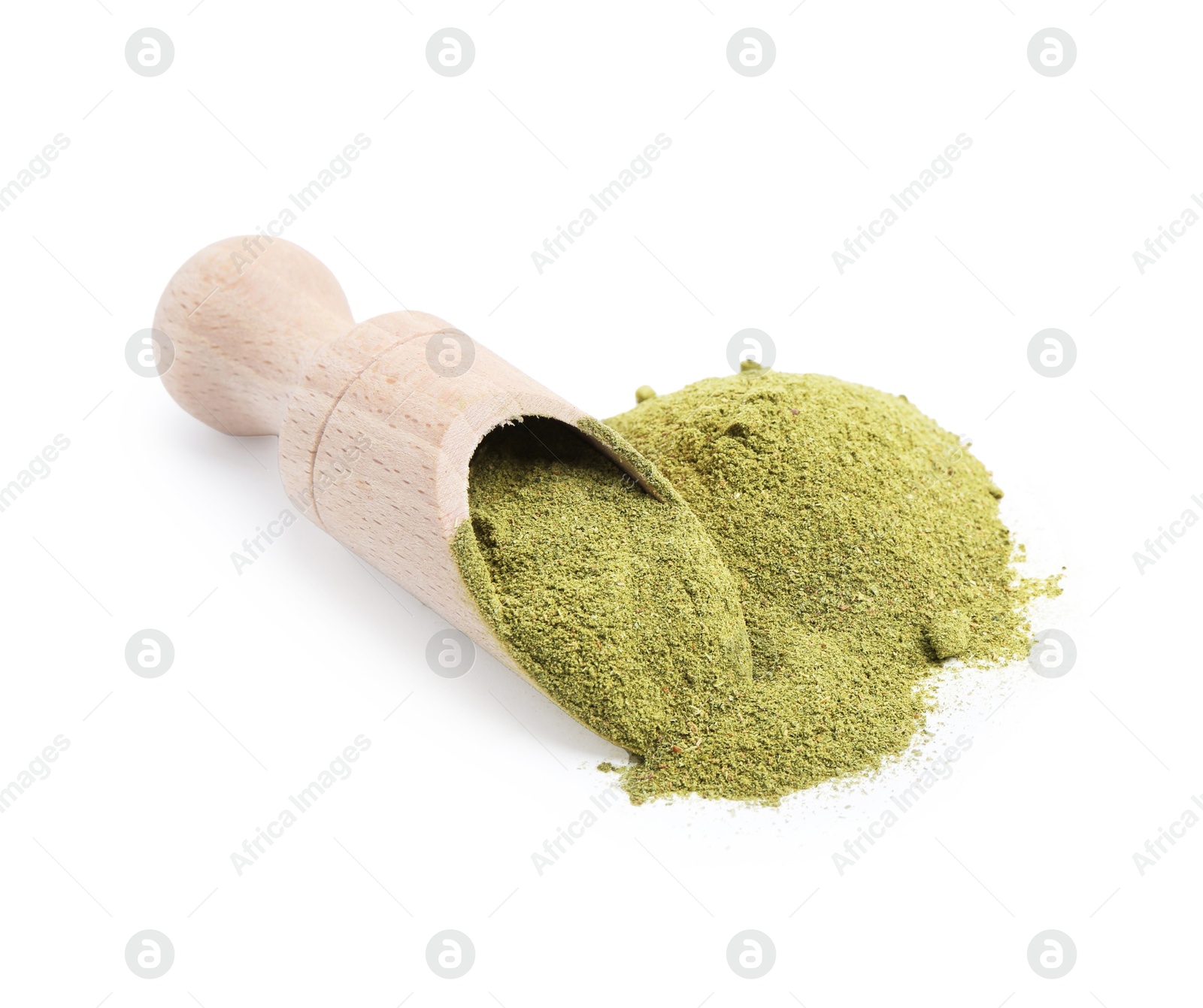Superfood. Pile of green onion powder and scoop isolated on white Photo of Superfood. Pile of green onion powder and scoop isolated on white