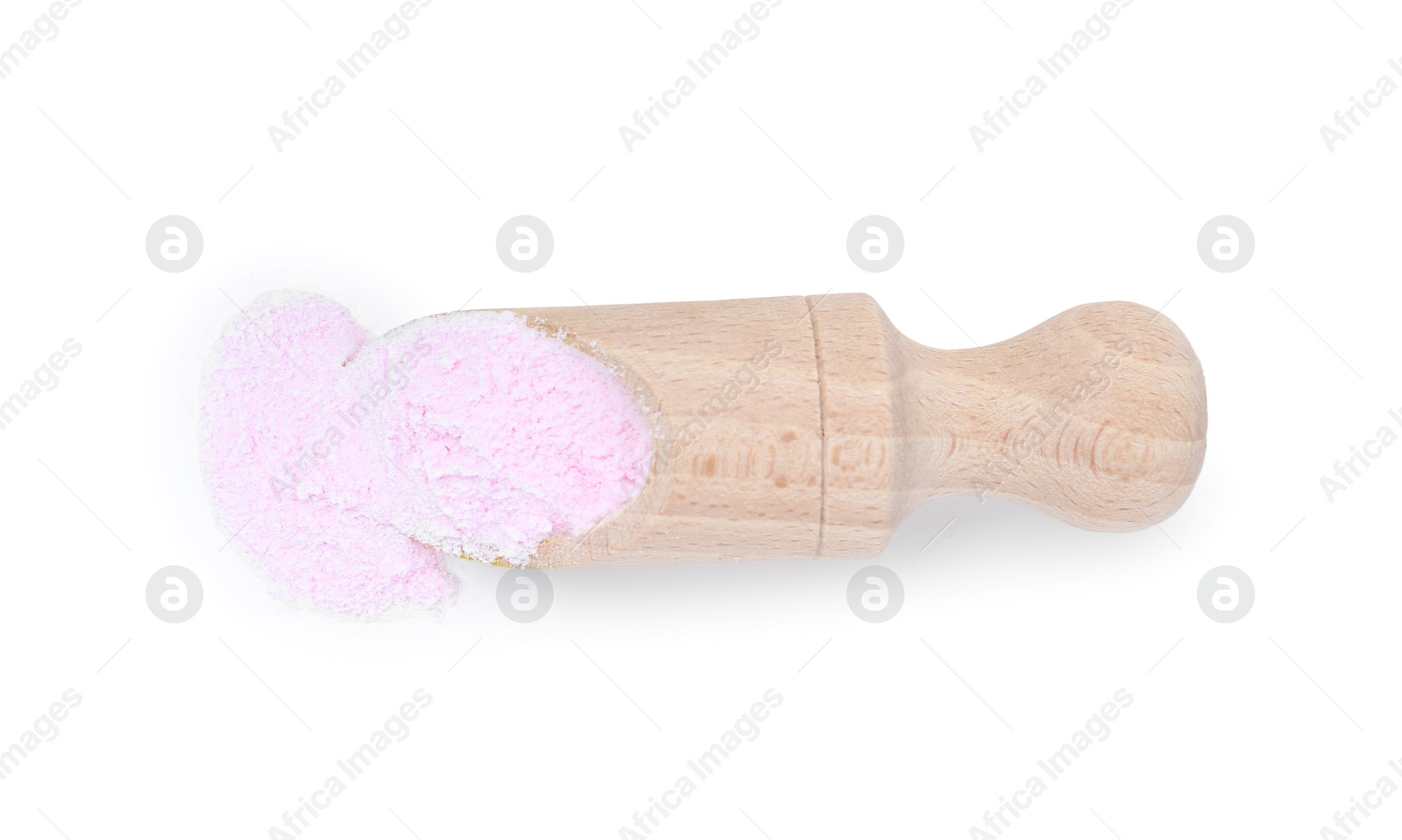 Superfood. Dry acerola powder and scoop isolated on white, top view Photo of Superfood. Dry acerola powder and scoop isolated on white, top view