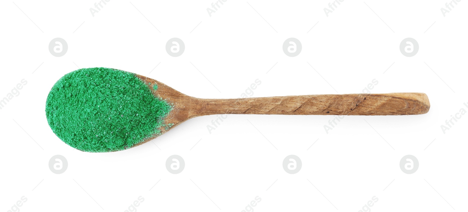 Superfood. Light green powder isolated on white, top view Photo of Superfood. Light green powder isolated on white, top view