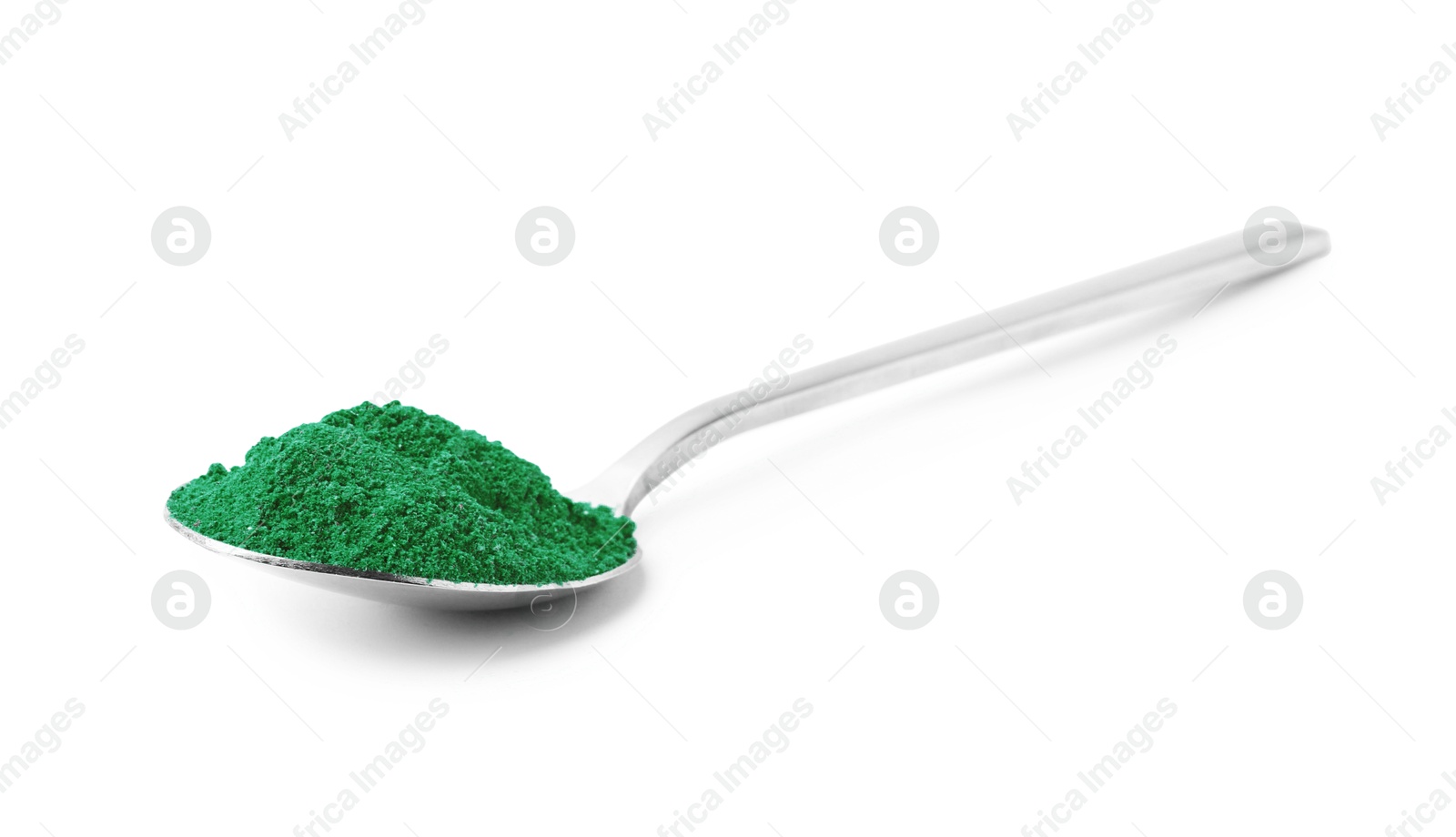 Superfood. Light green powder isolated on white Photo of Superfood. Light green powder isolated on white