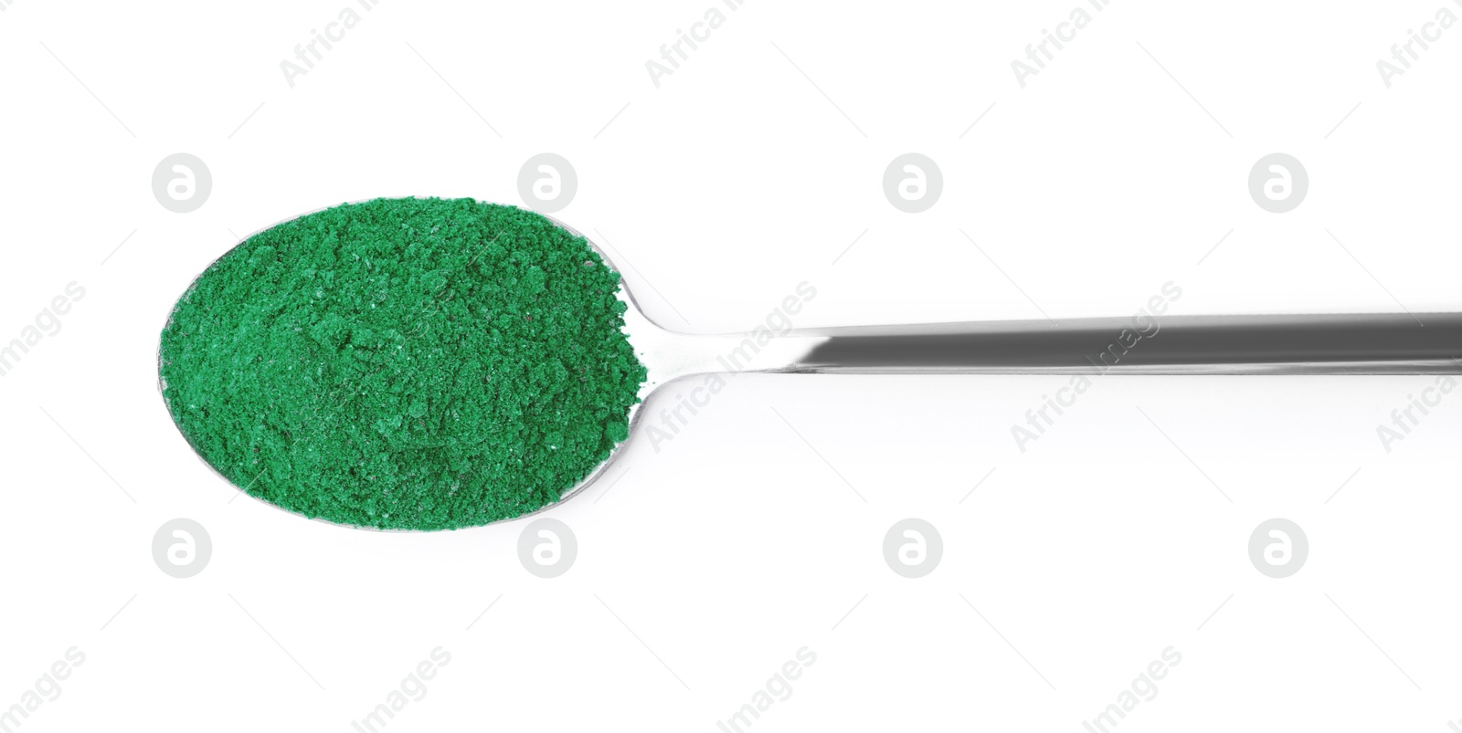 Superfood. Light green powder isolated on white, top view Photo of Superfood. Light green powder isolated on white, top view
