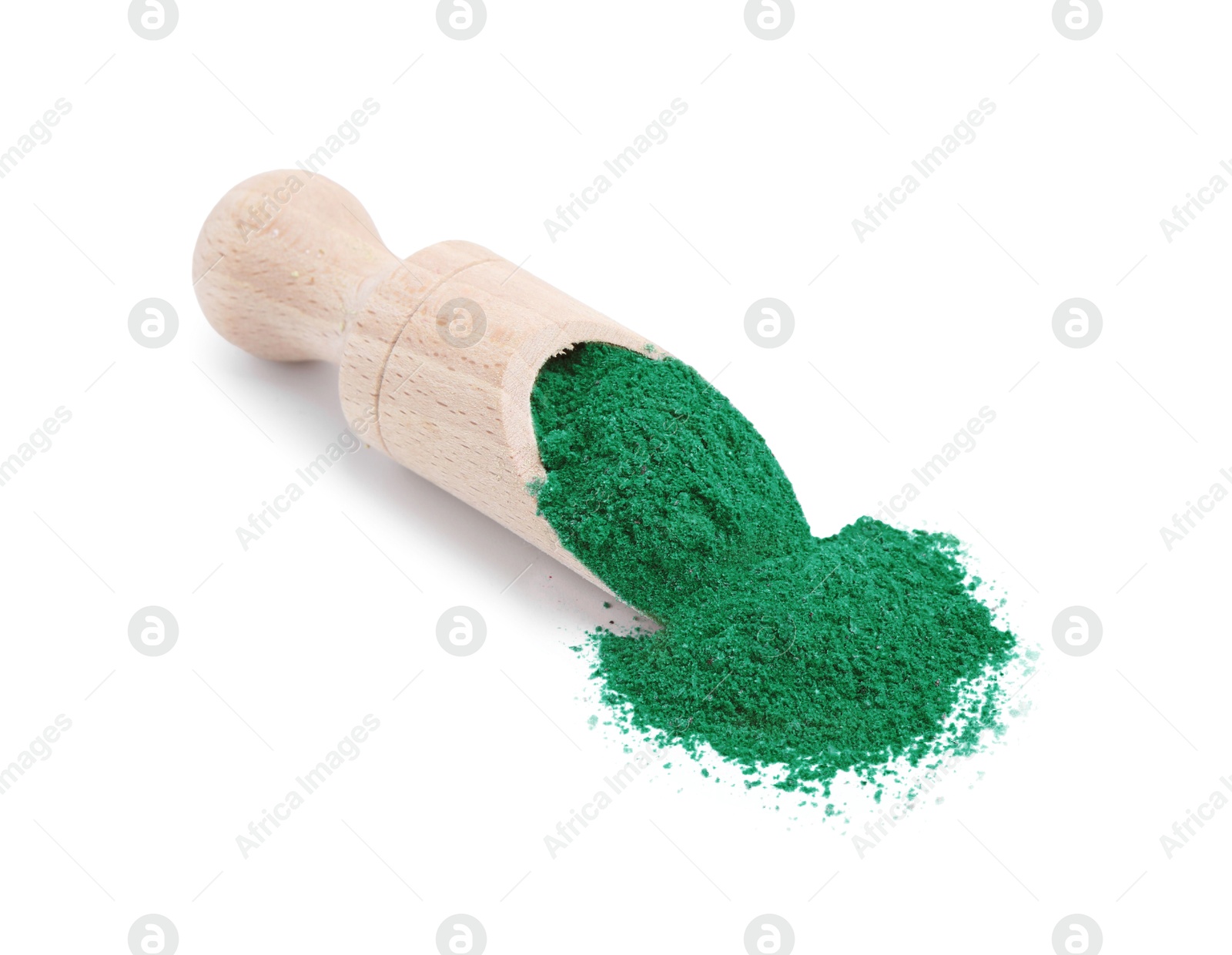 Superfood. Light green powder and scoop isolated on white Photo of Superfood. Light green powder and scoop isolated on white