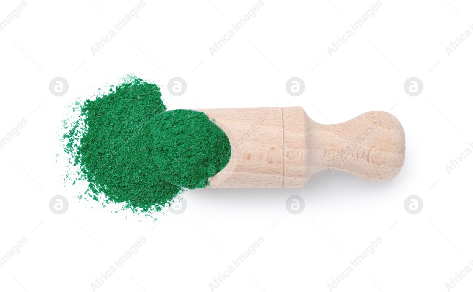 Superfood. Light green powder and scoop isolated on white, top view Photo of Superfood. Light green powder and scoop isolated on white, top view