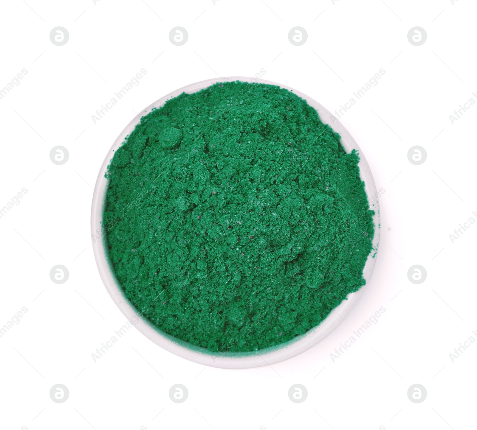 Superfood. Light green powder in bowl isolated on white, top view Photo of Superfood. Light green powder in bowl isolated on white, top view
