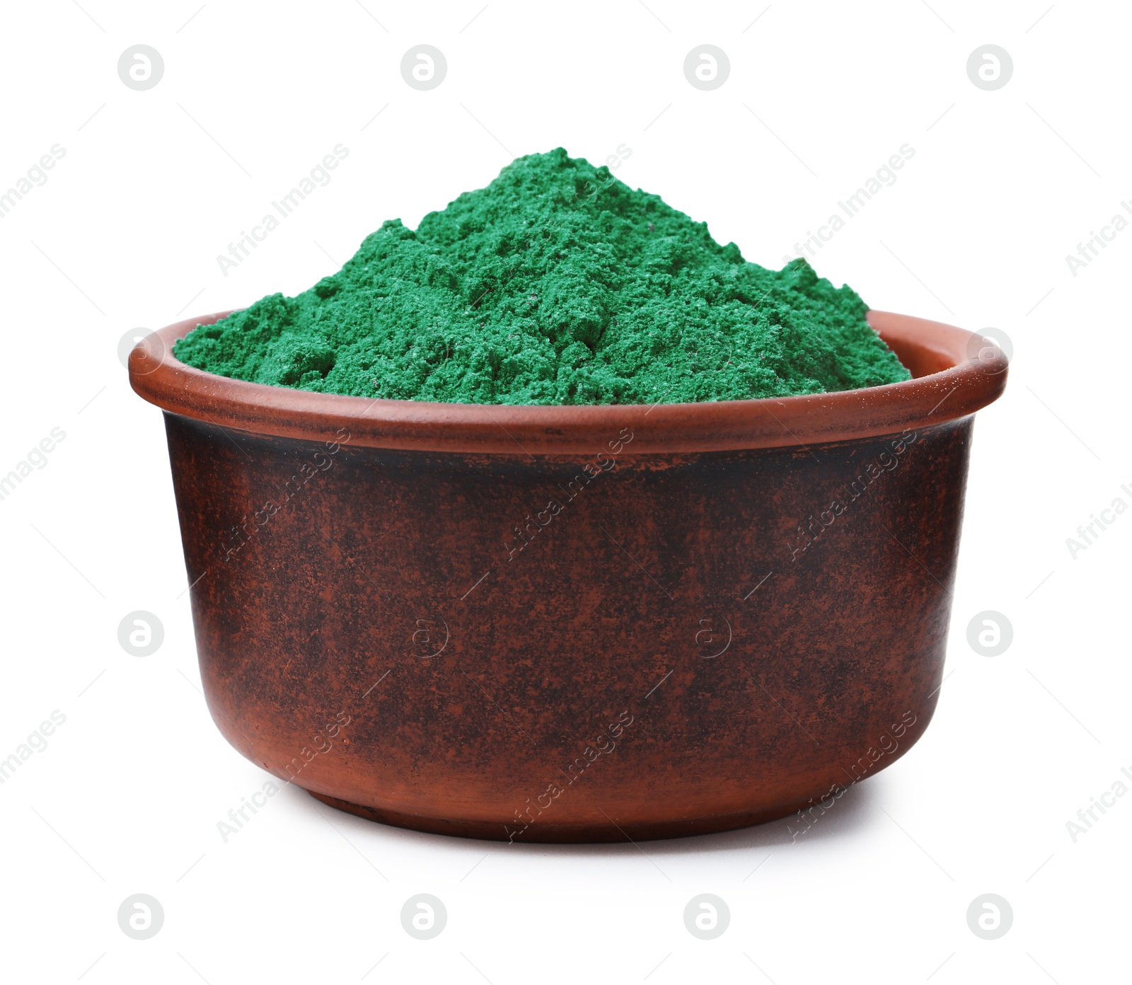 Superfood. Light green powder in bowl isolated on white Photo of Superfood. Light green powder in bowl isolated on white