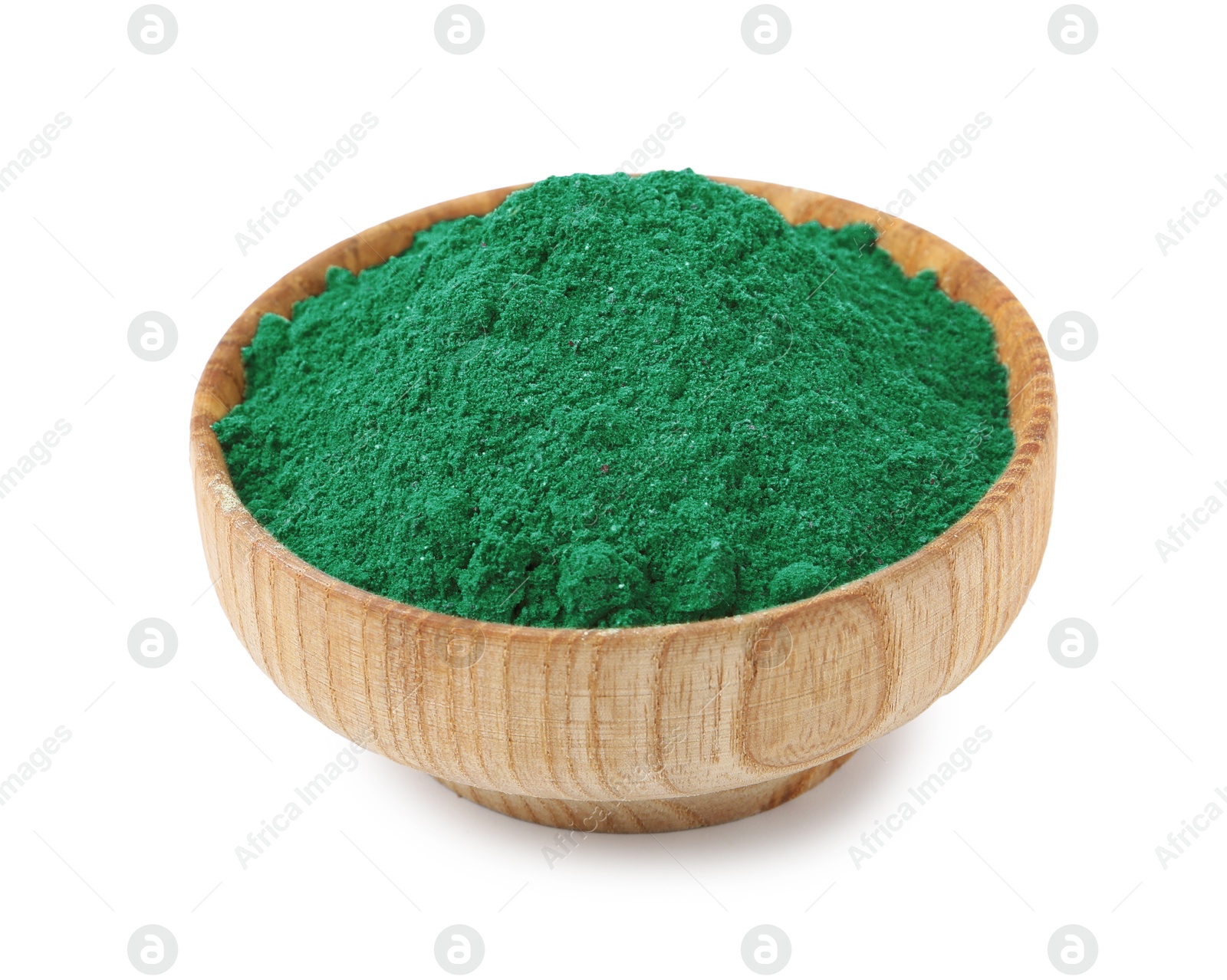 Superfood. Light green powder in bowl isolated on white Photo of Superfood. Light green powder in bowl isolated on white