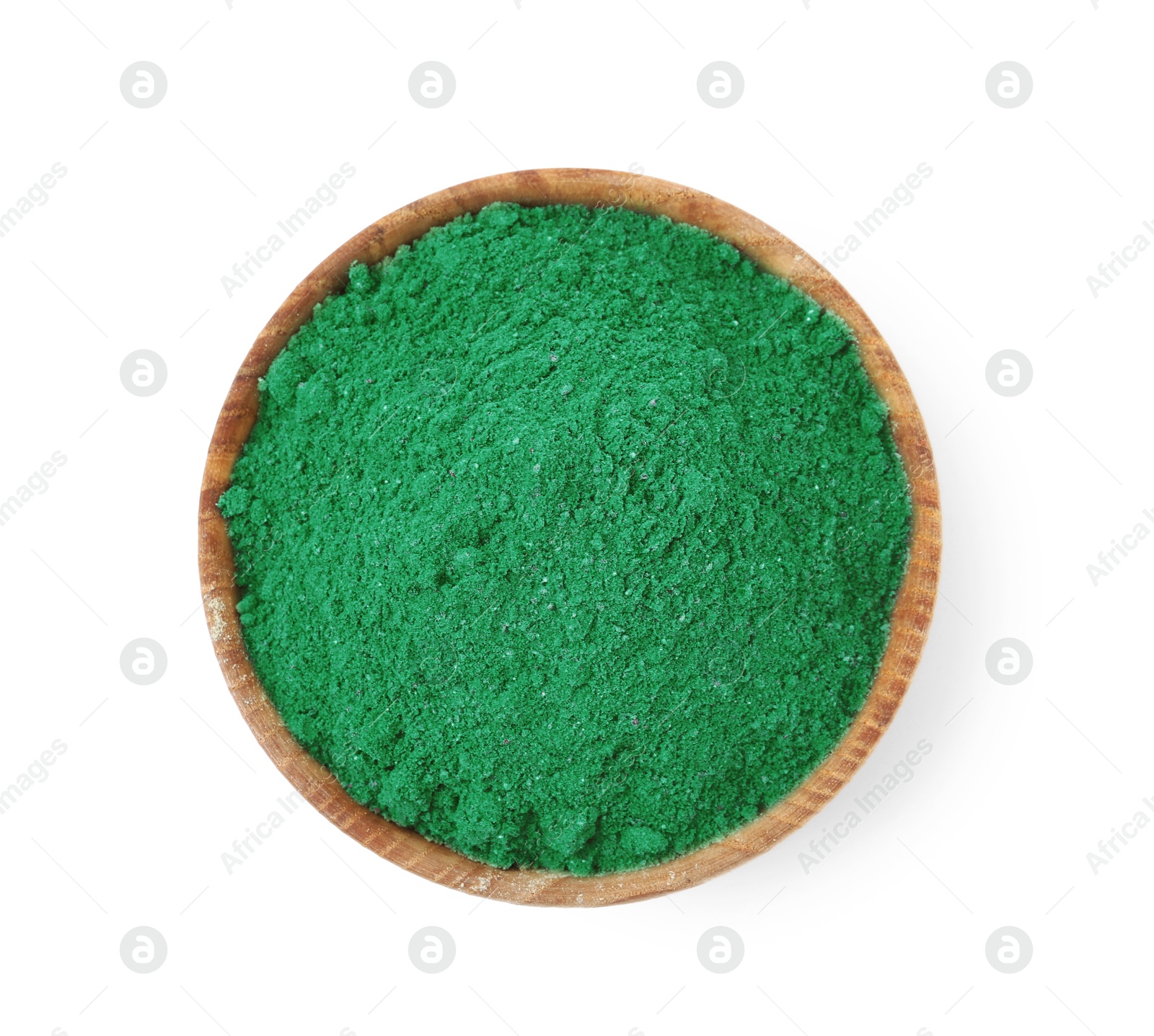 Superfood. Light green powder in bowl isolated on white, top view Photo of Superfood. Light green powder in bowl isolated on white, top view