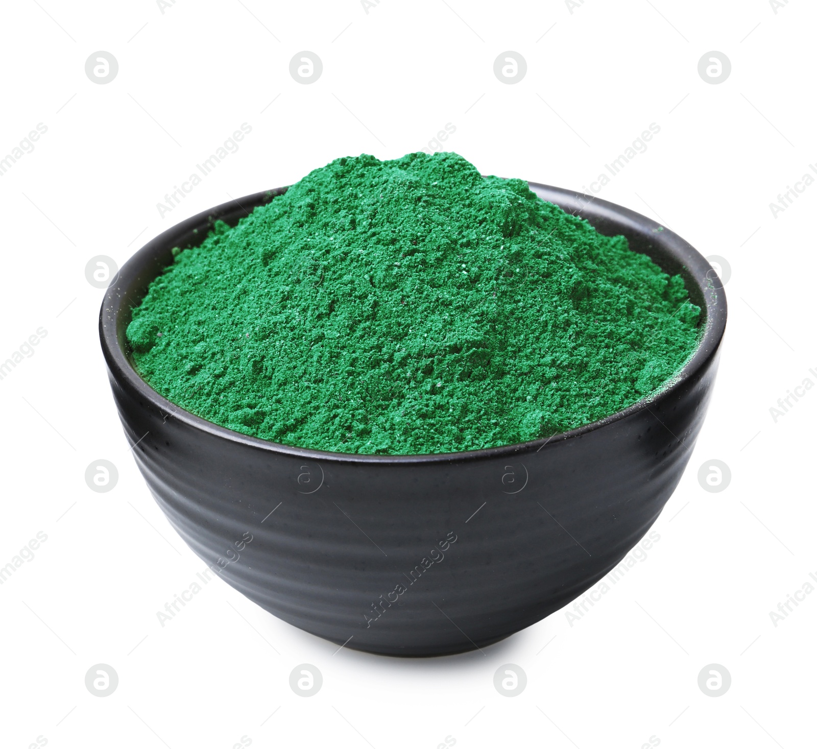 Superfood. Light green powder in bowl isolated on white Photo of Superfood. Light green powder in bowl isolated on white