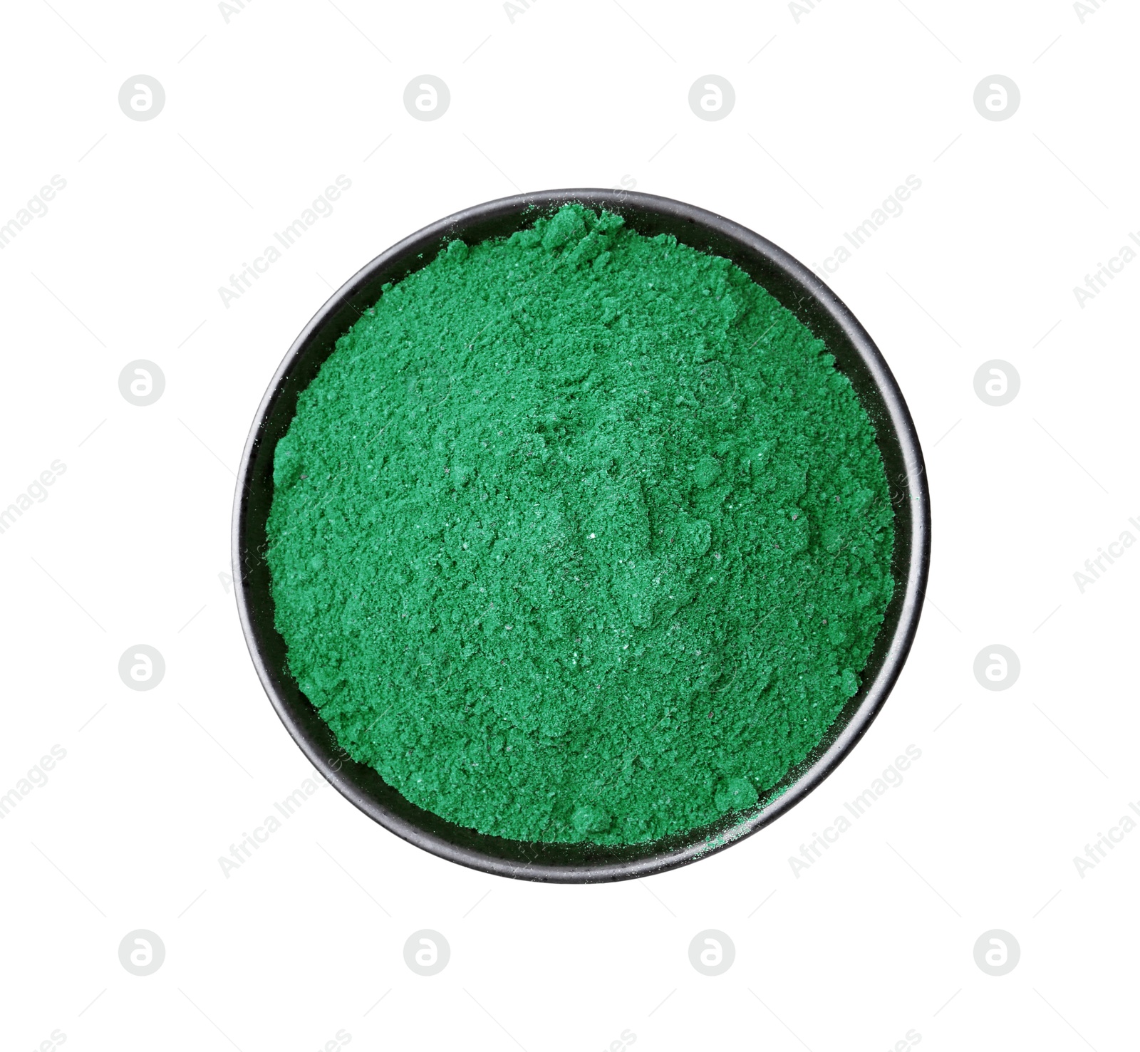 Superfood. Light green powder in bowl isolated on white, top view Photo of Superfood. Light green powder in bowl isolated on white, top view