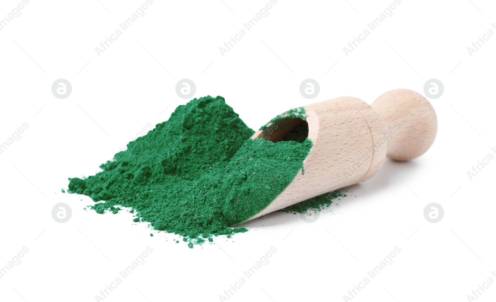 Superfood. Pile of light green powder and scoop isolated on white Photo of Superfood. Pile of light green powder and scoop isolated on white