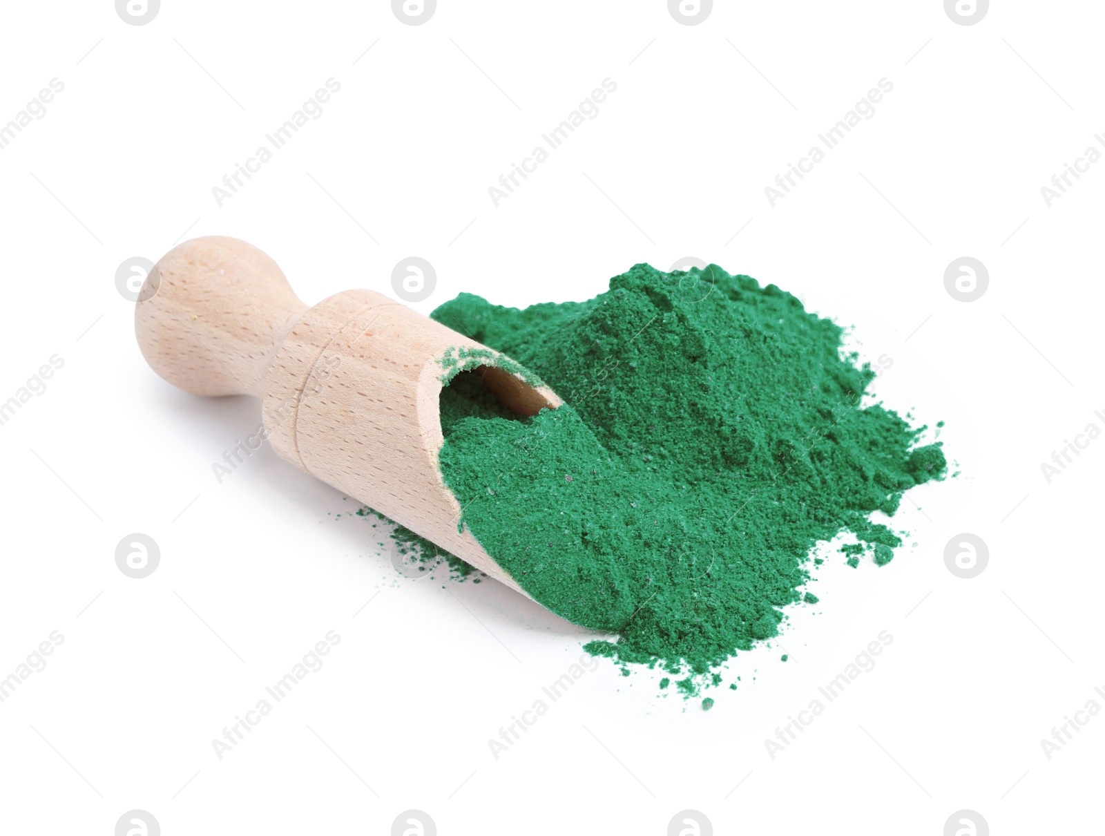 Superfood. Pile of light green powder and scoop isolated on white Photo of Superfood. Pile of light green powder and scoop isolated on white