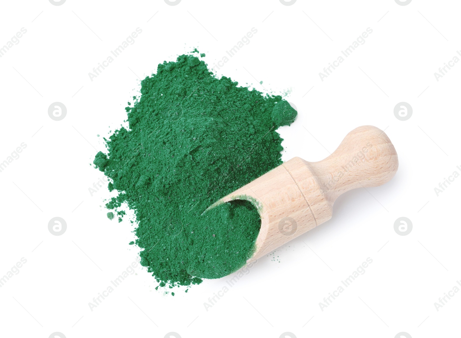 Superfood. Pile of light green powder and scoop isolated on white, top view Photo of Superfood. Pile of light green powder and scoop isolated on white, top view