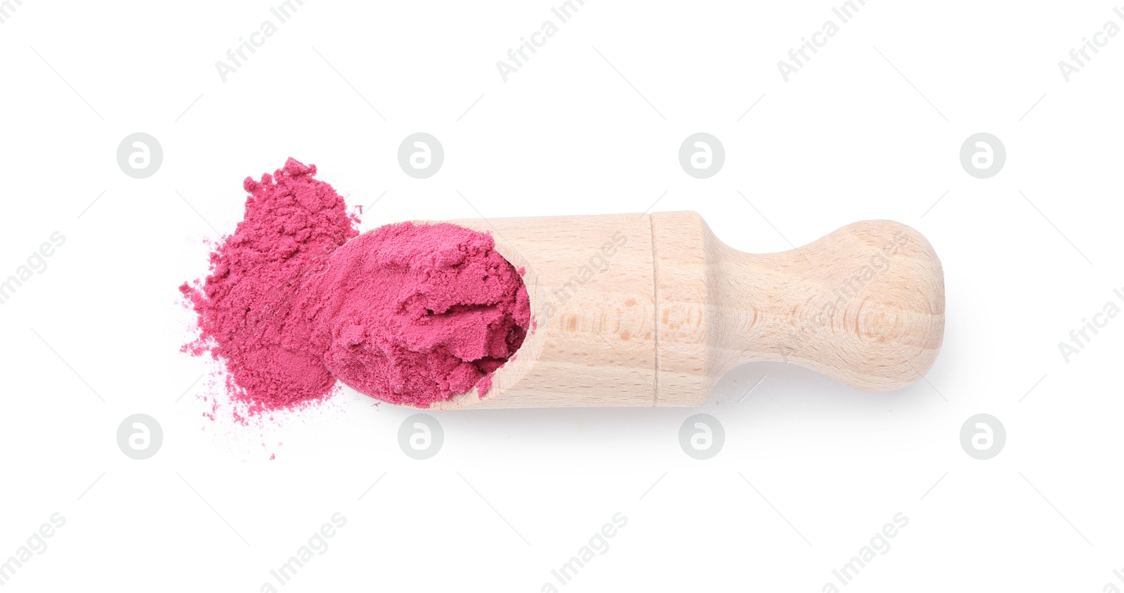 Superfood. Acai powder and scoop isolated on white, top view Photo of Superfood. Acai powder and scoop isolated on white, top view