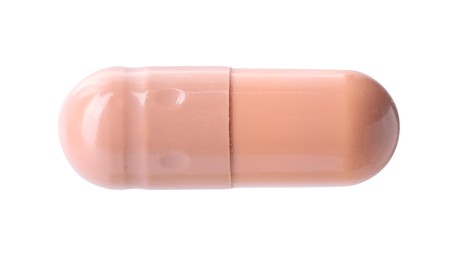 Photo of Collagen capsule isolated on white. Dietary supplement