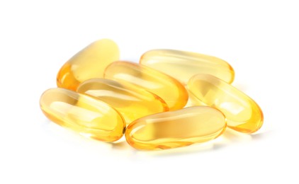 Photo of Collagen capsules isolated on white. Dietary supplement