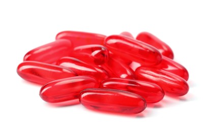 Photo of Collagen capsules isolated on white. Dietary supplement