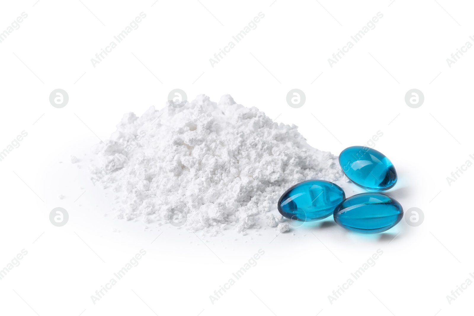 Collagen powder and pills isolated on white Photo of Collagen powder and pills isolated on white