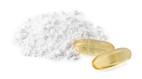 Photo of Collagen powder and pills isolated on white
