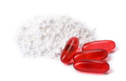 Photo of Collagen powder and pills isolated on white