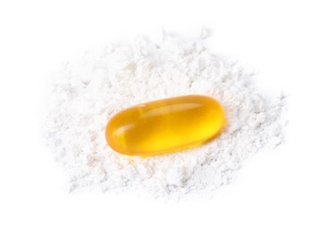 Photo of Collagen powder and pill isolated on white, top view