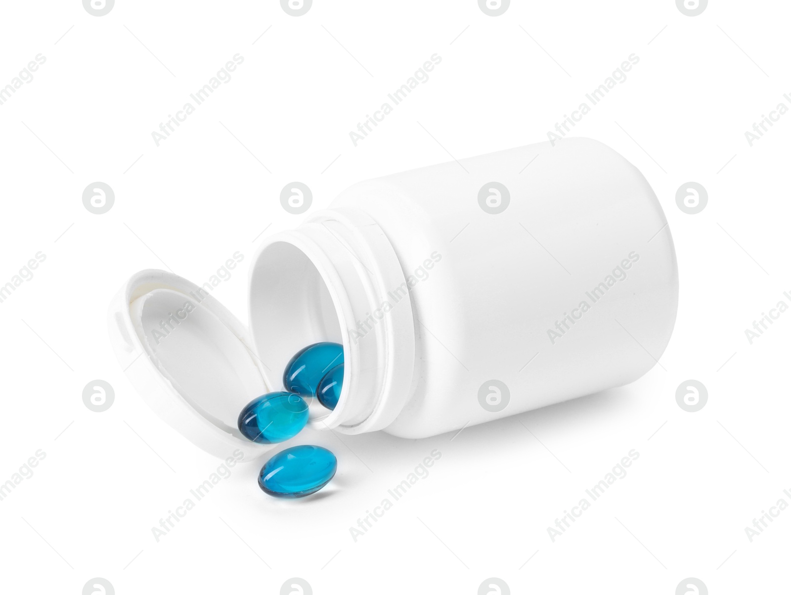Collagen capsules in bottle isolated on white Photo of Collagen capsules in bottle isolated on white