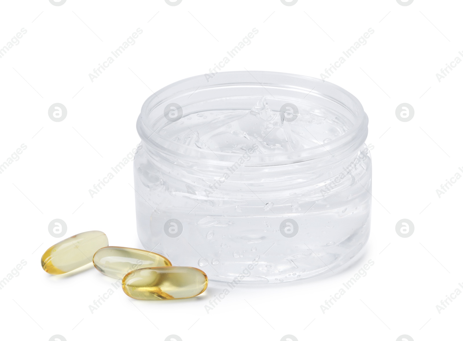 Jar of collagen gel and pills isolated on white Photo of Jar of collagen gel and pills isolated on white