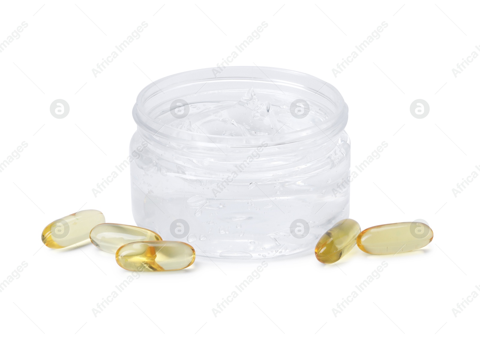 Jar of collagen gel and pills isolated on white Photo of Jar of collagen gel and pills isolated on white