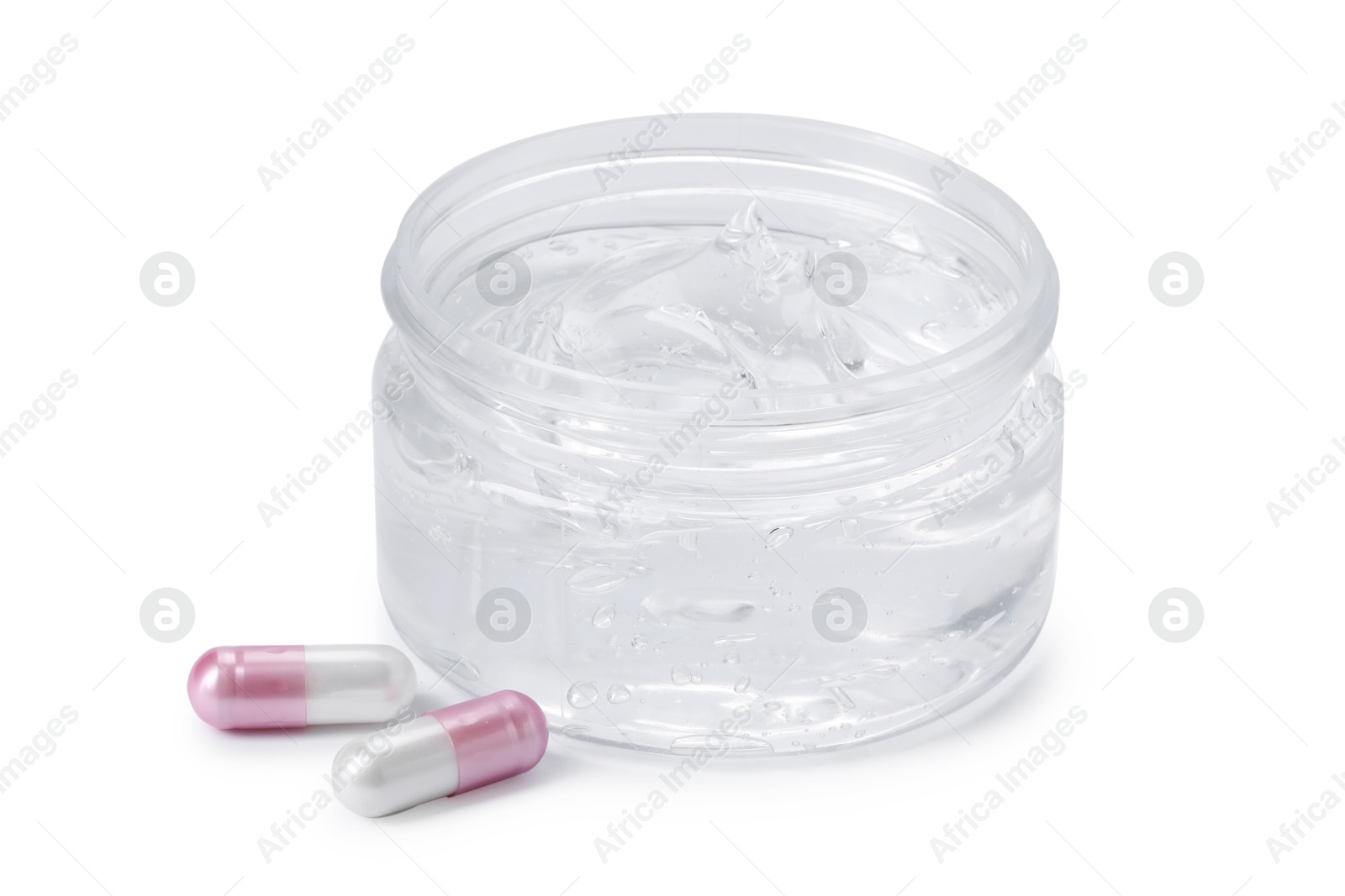Jar of collagen gel and pills isolated on white Photo of Jar of collagen gel and pills isolated on white
