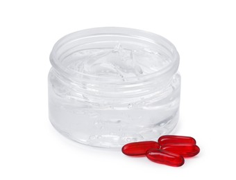 Photo of Jar of collagen gel and pills isolated on white