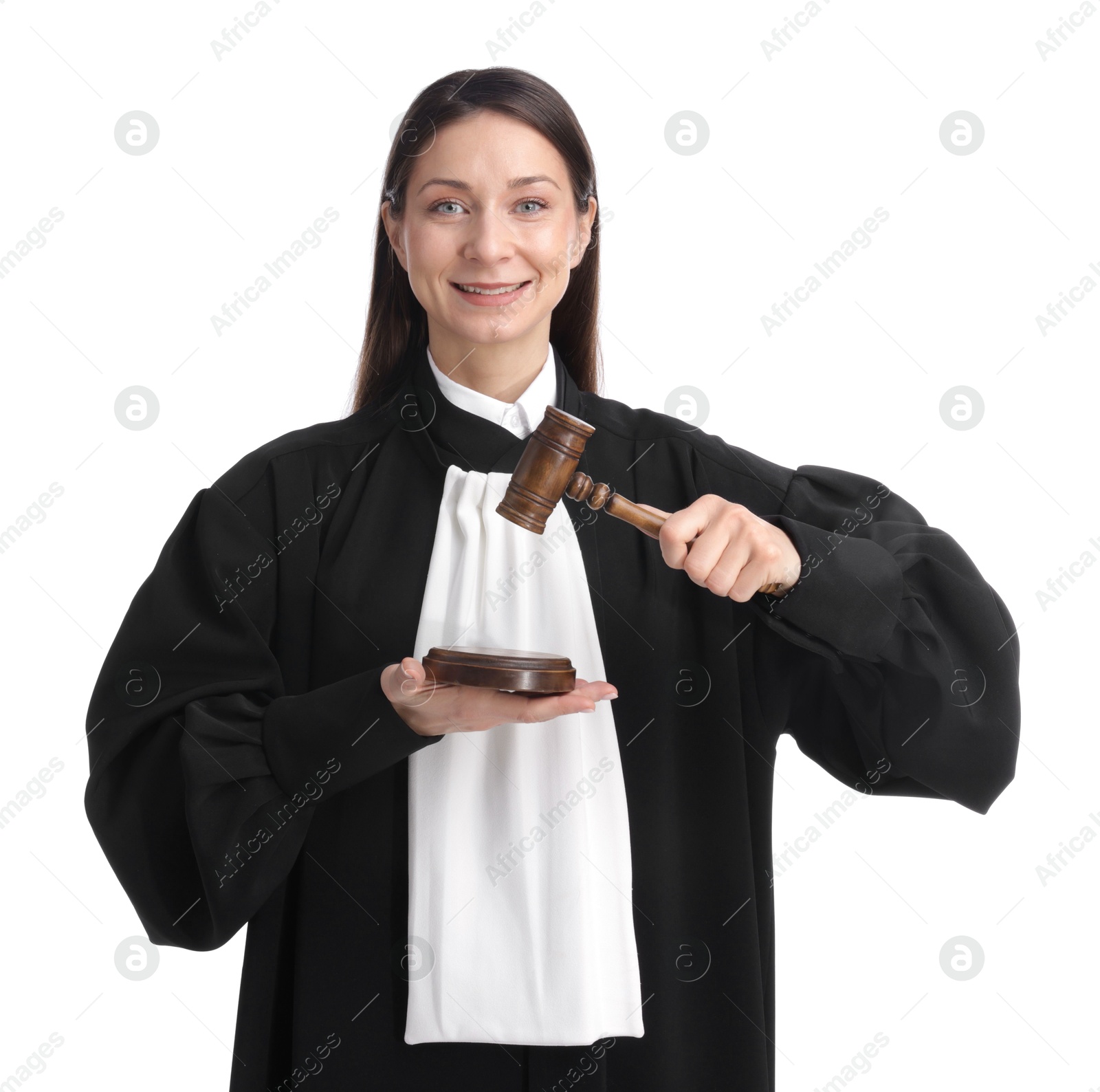 Judge with mallet and sound block on white background Photo of Judge with mallet and sound block on white background