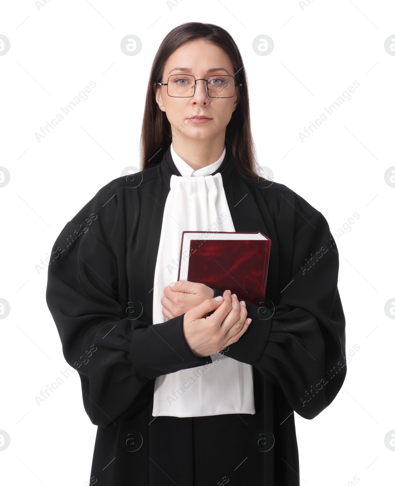 Portrait of judge with book on white background Photo of Portrait of judge with book on white background