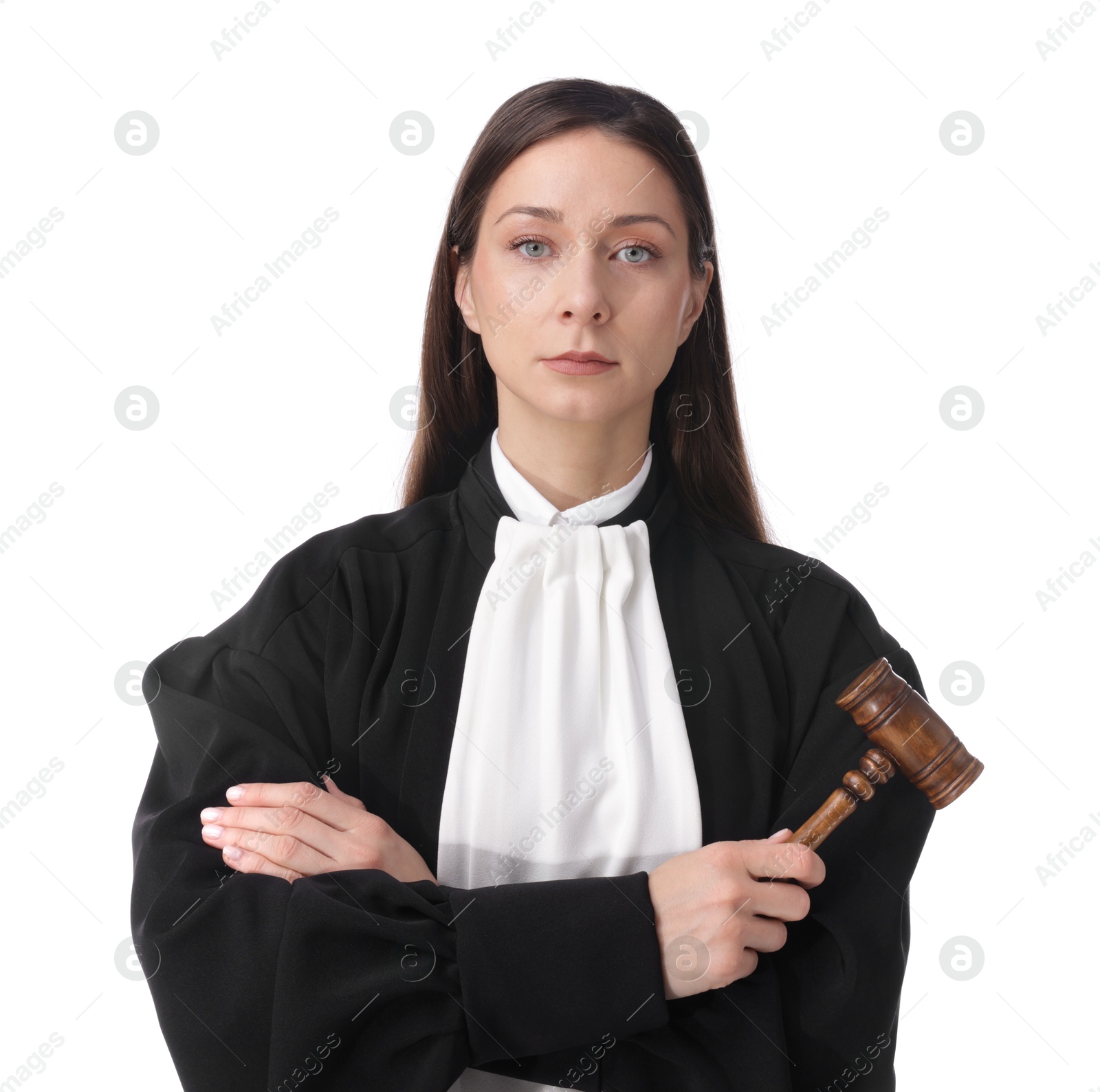 Portrait of judge with mallet on white background Photo of Portrait of judge with mallet on white background