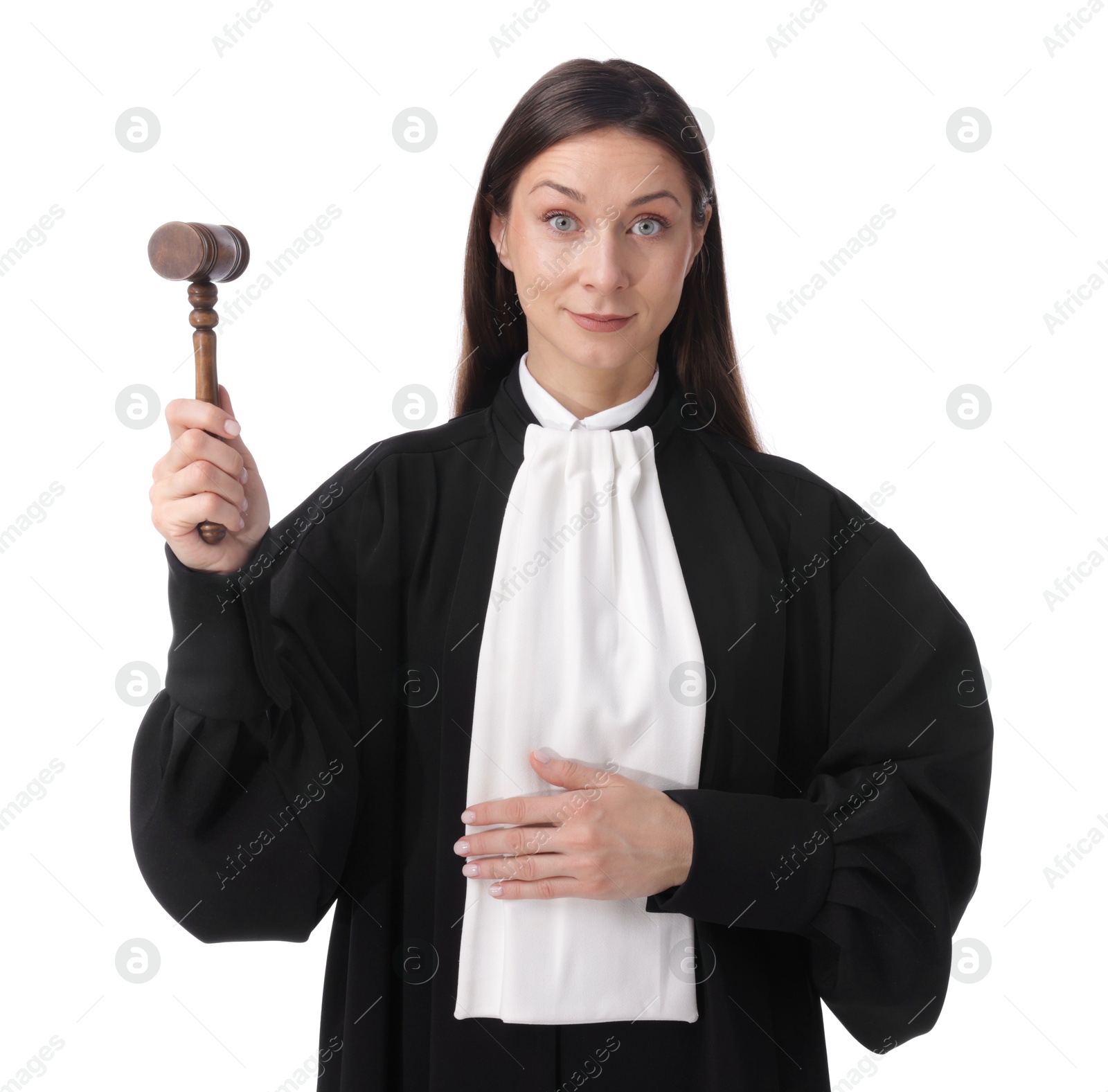 Portrait of judge with mallet on white background Photo of Portrait of judge with mallet on white background