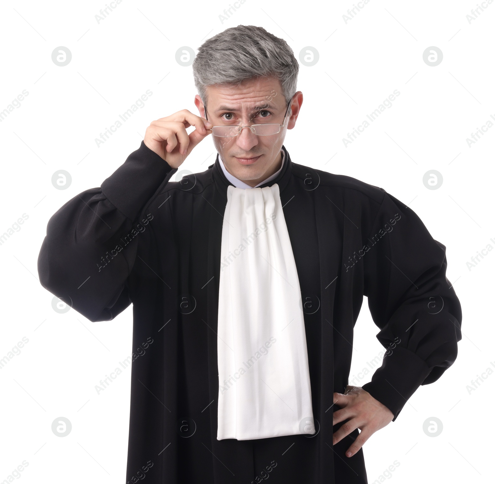 Judge in court dress on white background Photo of Judge in court dress on white background