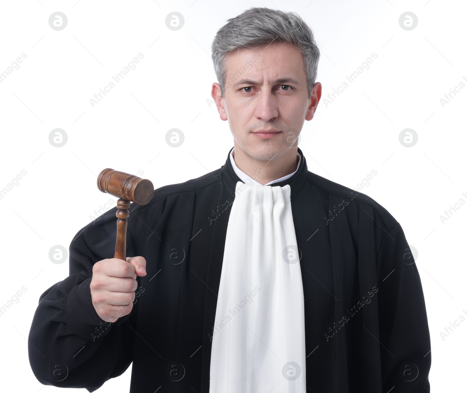 Photo of Judge with mallet in court dress on white background
