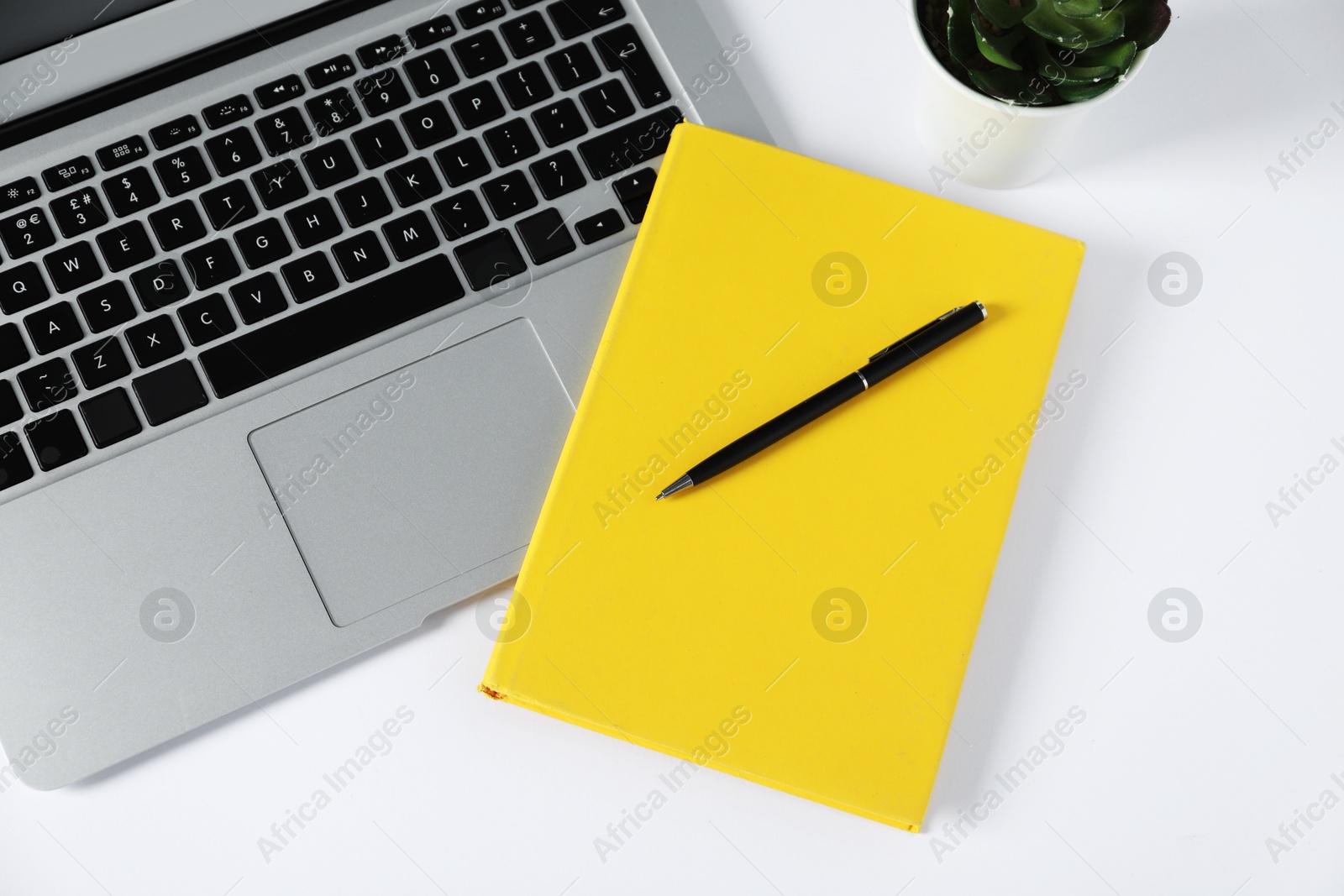 Office supplies, laptop and houseplant on white table, flat lay Photo of Office supplies, laptop and houseplant on white table, flat lay