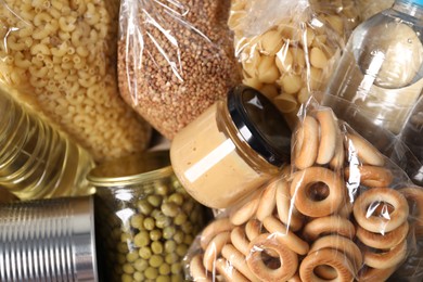 Photo of Different food products as background, top view