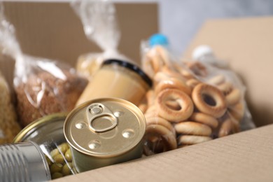 Photo of Many different food products in box, closeup