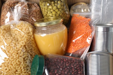 Photo of Different food products as background, top view