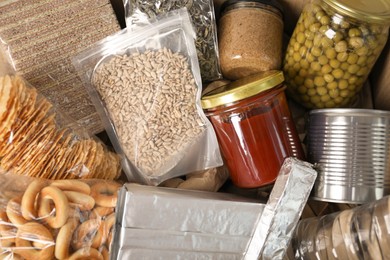 Photo of Different food products as background, top view